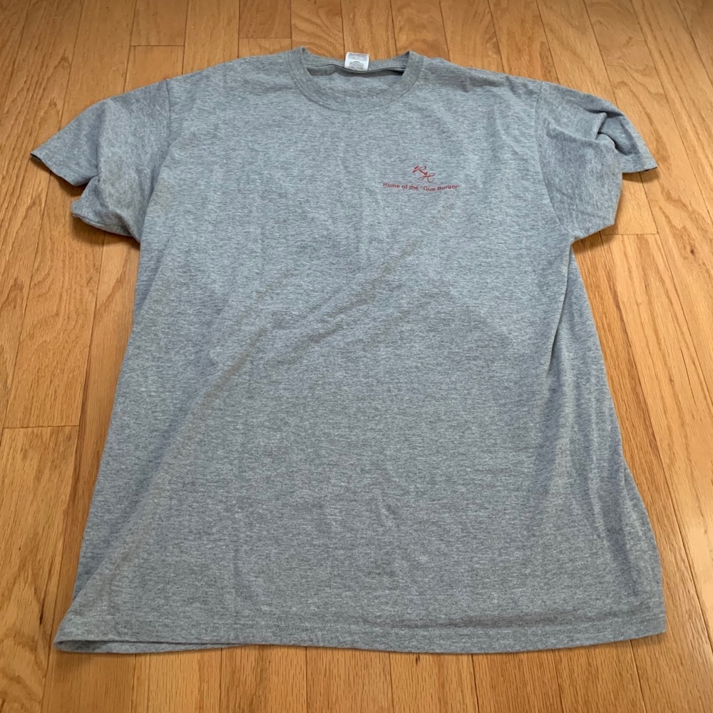 Grey Gildan “I survived the triple Gus burger” tee